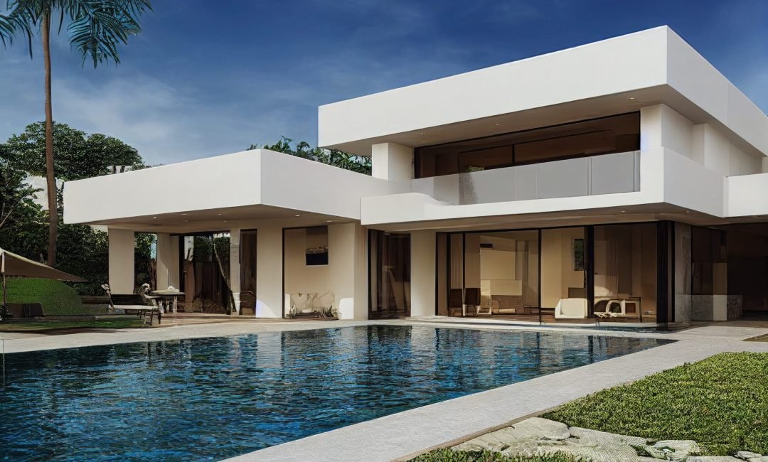 Luxury pool villa spectacular contemporary design digital art real estate , home, house and property, Generative AI illustration. Luxury pool villa spectacular contemporary design digital art real estate , home, house and property, Generative AI illustration.